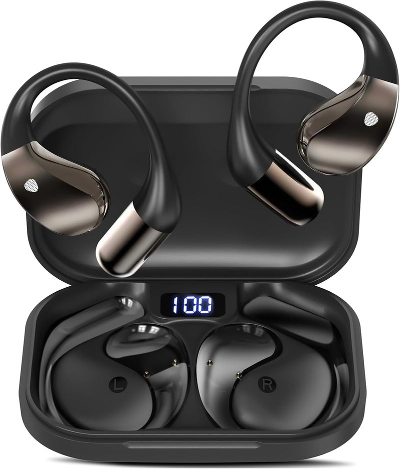 Open-Ear Bluetooth Earbuds with Hook Design, Long Battery Life, Clear Calls, Lightweight, Secure Fit, Workout Ready, DeepBlack